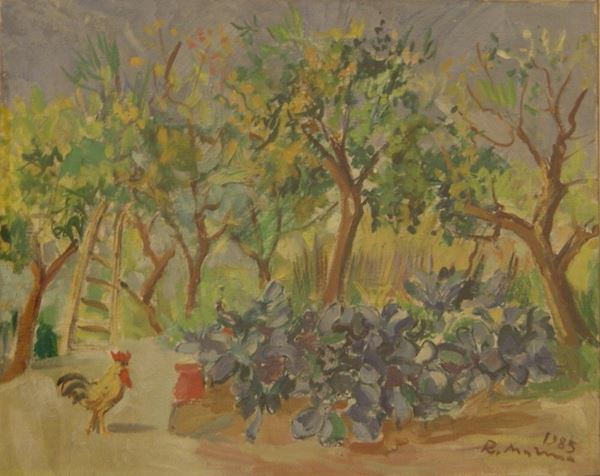 Rodolfo Marma (Firenze 1923-1998)  GALLO NEL POLLAIO olio su tavola, cm 40x50