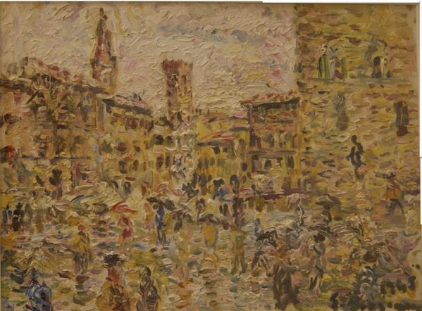 Guido Borgianni (New York 1915-Firenze 2011) PIAZZA SIGNORIA 1949 olio su tela, cm 30x40  - Asta Antiquariato, Collezionismo & Interiors - Poggio Bracciolini Casa d'Aste