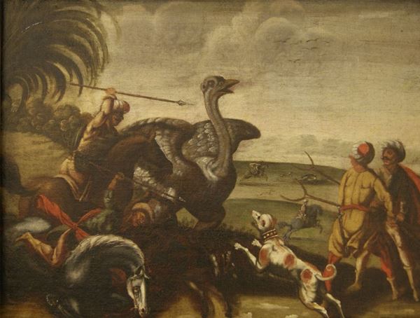 Scuola emiliana, sec. XVII CACCIA ALLO STRUZZO olio su tela, cm 50x65