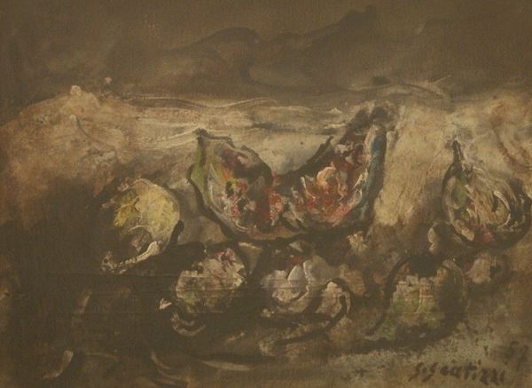 Sergio Scatizzi (Gragnano 1936-Firenze 2009)  NATURA MORTA CON FRUTTA olio su masonite, cm 28x37