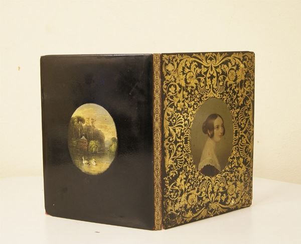 Portadocumenti, sec. XIX, con copertina e retro dipinti rispettivamente a figura femminile e paesaggio