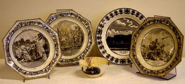Serie di tre piatti ottagonali della manifattura di Creil decorati con soggetti della storia romana in color seppia e piatto circolare decorato con veduta di Real Castello d'AgliÃ¨ e ciotolina (5)
