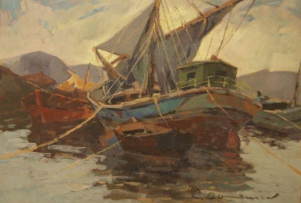Carlo Domenici (Livorno 1898- Isola d'Elba 1981) BARCHE ALL'ORMEGGIO olio su compensato, cm 35x50