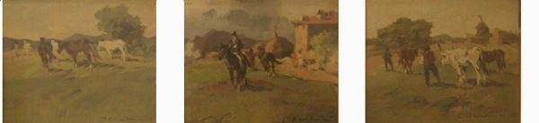 Carlo Domenici (Livorno 1898- Isola d'Elba 1981) FIGURE NEI CAMPI tre piccoli dipinti in unica cornice, cm 20x24 ognuna
