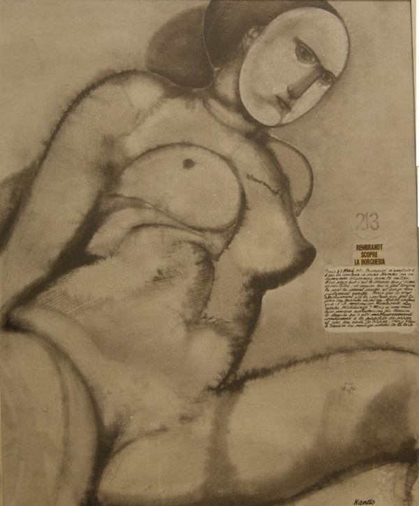 Ferdinando Pierluca Nando (Venezia 1913- Milano 1987)  REMBRANDT SCOPRE LA BORGHESIA  tecnica mista su tela, cm 73x60
