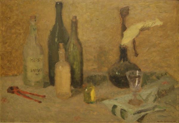 Ugo Vittore Bartolini (Firenze 1906- Milano 1975)  NATURA MORTA  olio su tavola, cm 72x52 datato 1945