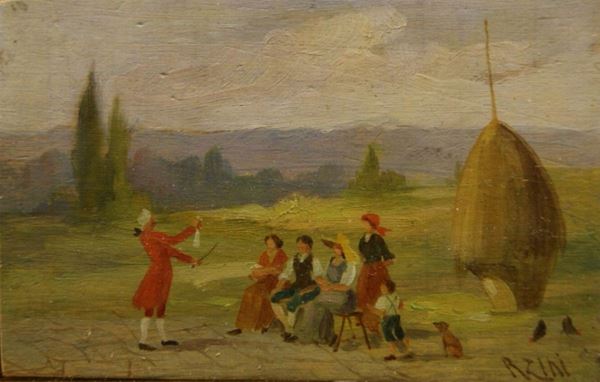 Renato Zini ( Firenze 1890- Firenze 1969)  SCENA AGRESTE  olio su tavoletta, cm 5,5x8,5