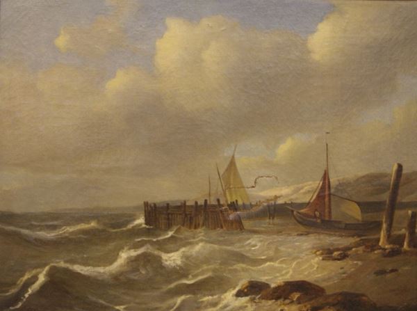 Scuola nordica, sec. XIX  PAESAGGIO MARINO CON BARCHE  olio su tela, cm 62x44  tela da restaurare