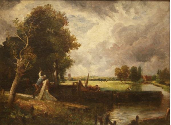 Scuola nordica, sec. XIX PAESAGGIO CON FIGURE  olio su tela, cm 75x100