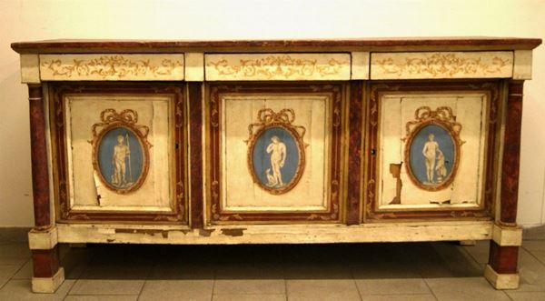 Credenza, Emilia, in stile impero, in legno laccato, decoro a medaglioni sui pannelli, cm 205x60x103, difetti