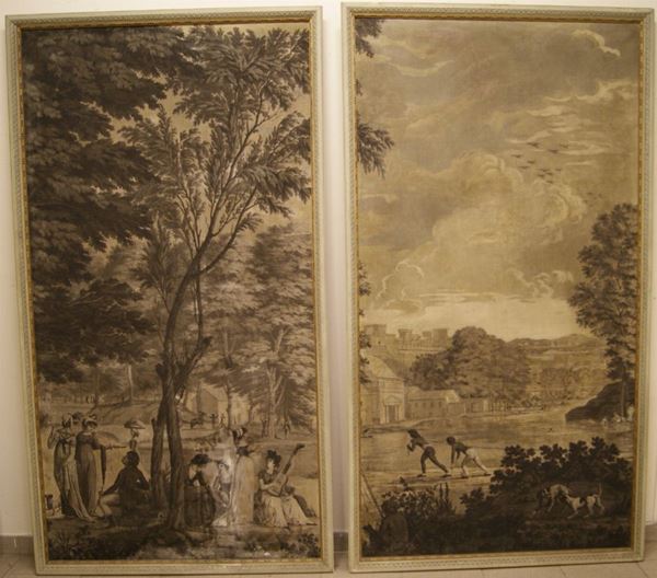 Coppia di grisaille, primi sec. XX, PAESAGGI CON FIGURE, cm 195x102, difetti