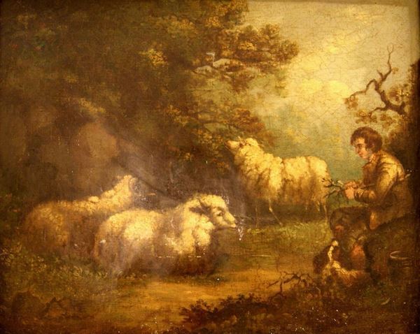 Scuola italiana, sec. XIX  PASTORE CON GREGGE  olio su tela, cm 63x80 difetti