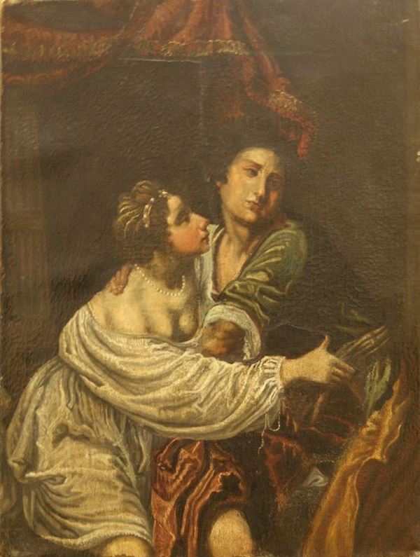 Scuola italiana, sec. XVIII SCENA GALANTE olio su tela, cm 60x45 danni