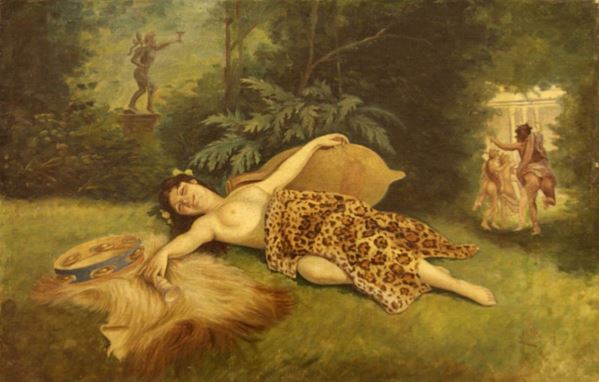 Scuola italiana, sec. XIX FIGURE DIONISIACHE  olio su tela, cm 40x61  firmato