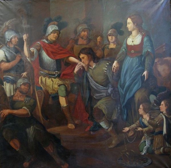 Scuola italiana sec. XX  CLEMENZA DI SCIPIONE olio su tela, cm 207x207  - Asta Arredi, oggetti d'arte, mobili antichi e argenti - Poggio Bracciolini Casa d'Aste
