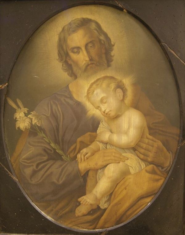 Stampa retouchÃ¨  SAN GIUSEPPE CON BAMBINO  ovale cm 73x58  - Asta Arredi, oggetti d'arte, mobili antichi e argenti - Poggio Bracciolini Casa d'Aste