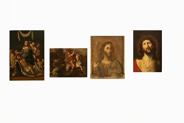 Gruppo di dipinti antichi su tela raffiguranti soggetti religiosi  CRISTO BENEDICENTE cm 67x48  PIETA' cm 65x52  CRISTO CORONA DI SPINE cm 48x58 SAN GIORGIO E IL DRAGO  cm 76x60  (4)  - Asta Arredi, oggetti d'arte, mobili antichi e argenti - Poggio Bracciolini Casa d'Aste