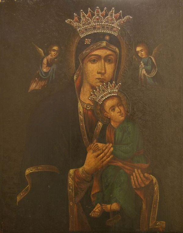 Icona VERGINE INCORONATA  olio su tavola con decorazioni a rilievo in pietra, cm 71x56  - Asta Arredi, oggetti d'arte, mobili antichi e argenti - Poggio Bracciolini Casa d'Aste