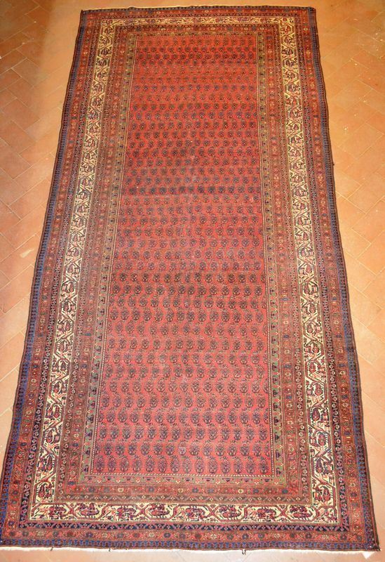 Tappeto, Mir, fine sec. XIX, fondo rosa intenso a bothÃ© bordure verdi avorio e blu, cm 390x183