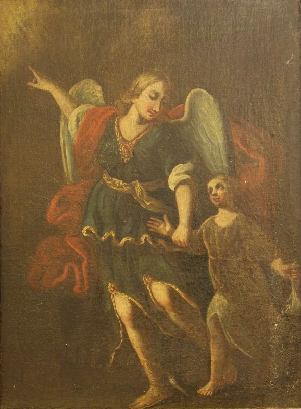 Scuola italiana, sec. XVIII  ARCANGELO CON BAMBINO  olio su tela, cm 56x42