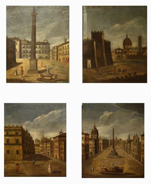 Scuola italiana, sec. XVIII  VEDUTE DI FIRENZE quattro dipinti ad olio su tela, cm 58x49 (4)