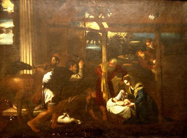Scuola italiana, sec. XVIII  NATIVITA'  olio su tela, cm 86x116