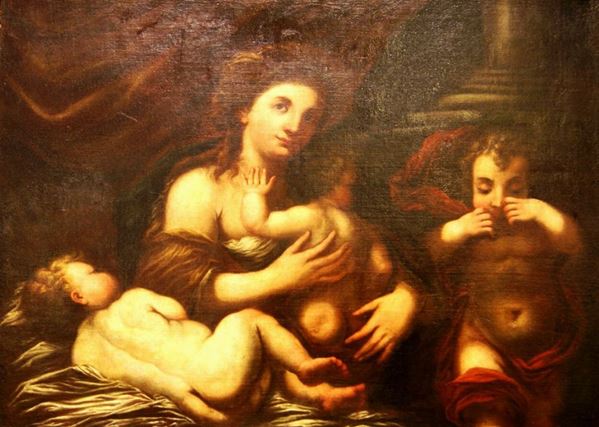 Scuola italiana, sec. XVIII  SACRA FAMIGLIA  olio su tela, cm 86x118