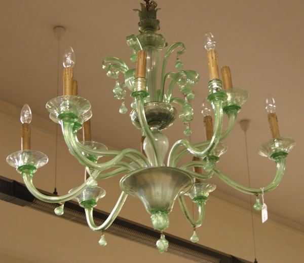 Lampadario, sec. XIX, in vetro di murano verde, a dodici luci, con foglie, cm 80x90, difetti e mancanze