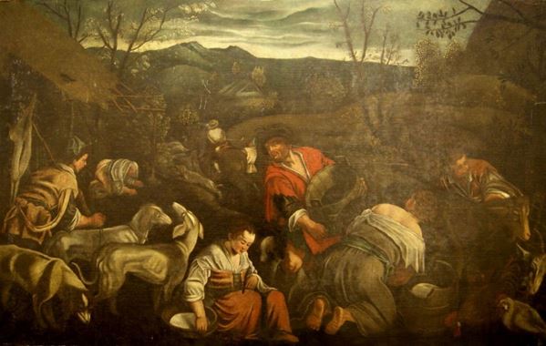 Scuola francese, sec. XIX  PASTORI olio su tela, cm 107x171 difetti