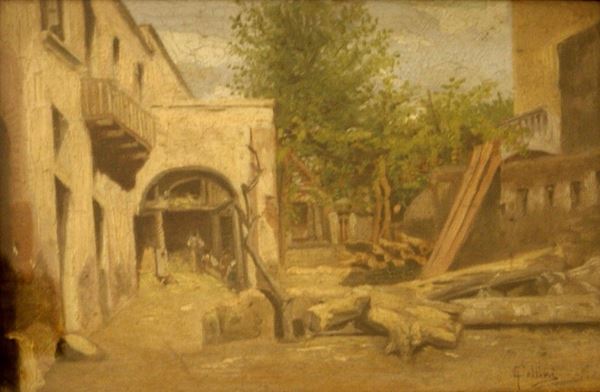 Carlo Follini (Domodossola 1848-Pegli 1930)  CASOLARE CON CORTILE  olio su cartone, cm 20x29,5  - Asta Arredi, oggetti d'arte, mobili antichi e argenti - Poggio Bracciolini Casa d'Aste