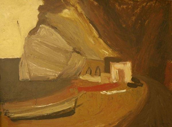 Carlo Quaglia (Terni 1903-Roma 1970)  SCOGLIERA LIGURE  olio su masonite, cm 60x80 con autentica  - Asta Arredi, oggetti d'arte, mobili antichi e argenti - Poggio Bracciolini Casa d'Aste