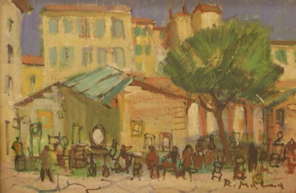 Rodolfo Marma (Firenze 1923-1999)  MERCATO DELLE PULCI  olio su cartone telato, cm 20x30  - Asta Arredi, oggetti d'arte, mobili antichi e argenti - Poggio Bracciolini Casa d'Aste