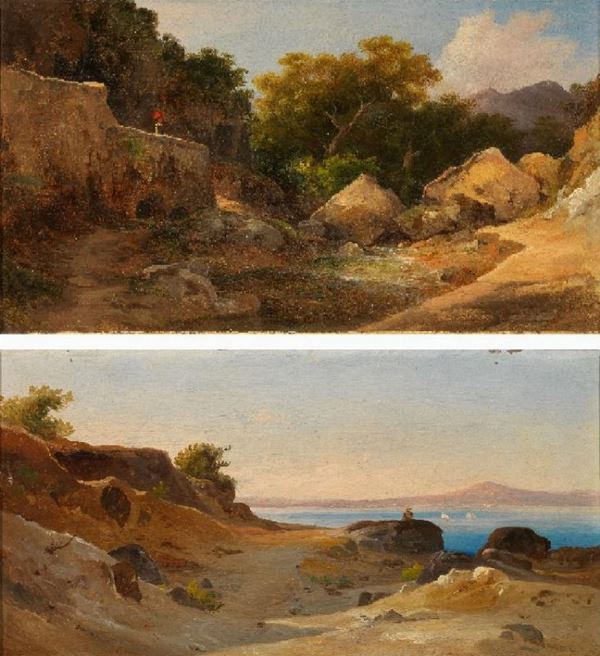 Attribuiti ad Antonio Pitloo (Arnhem 1790 - Napoli 1837) a) VEDUTA DI NAPOLI olio su cartoncino, cm 24x37 b) SCORCIO DI TORRENTE olio su cartoncino, cm 24x37      (2)