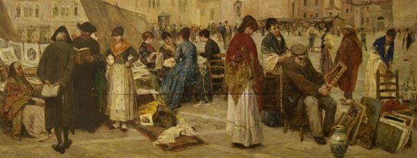 Scuola veneta, fine sec. XIX- inizi sec. XX, MERCATO DELL'ANTIQUARIATO  olio su tavola, cm 41x107  danni