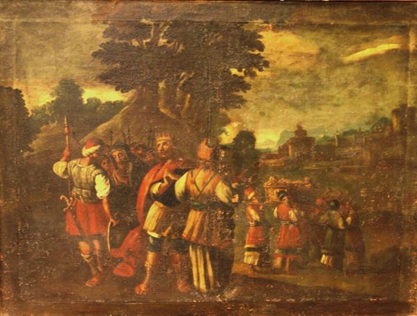 Scuola italiana, sec. XVIII PAESAGGIO CON PERSONAGGI olio su tela, cm 88x118  difetti