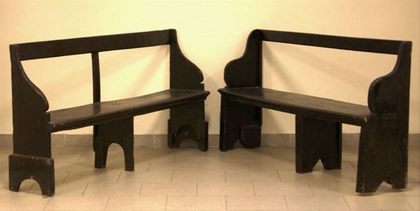 Due panche, Toscana, sec. XIX, in pioppo, con spalliera, cm 157x30x78 (2)