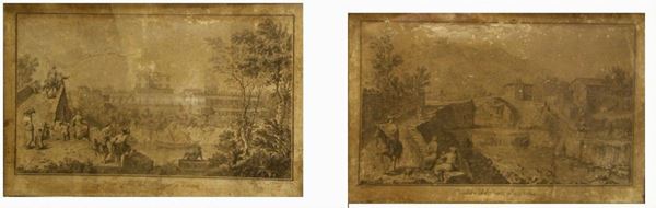 Coppia di stampe, sec. XVIII  VEDUTE DI POGGIO A CAIANO E DI PONTE ALLA BADIA  cm 33x52  difetti(2)