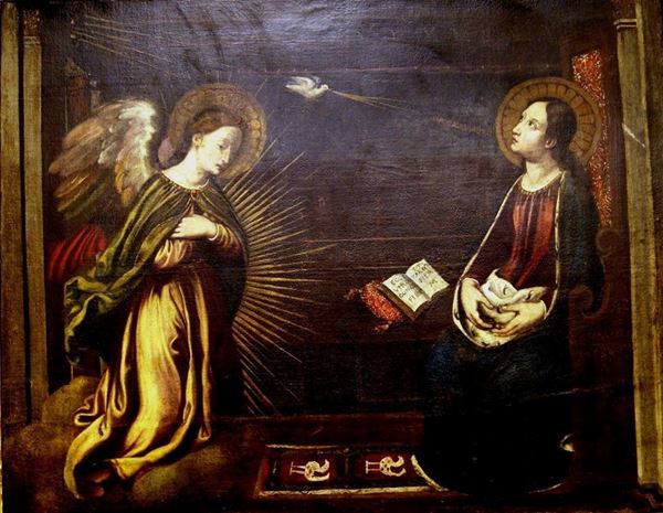 Scuola italiana, sec. XVIII  ANNUNCIAZIONE  olio su tela, cm 38x78