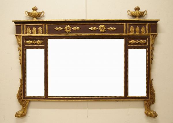Caminiera, Toscana, Impero, in legno laccato e dorato, a tre luci, cm 126x96, restauri