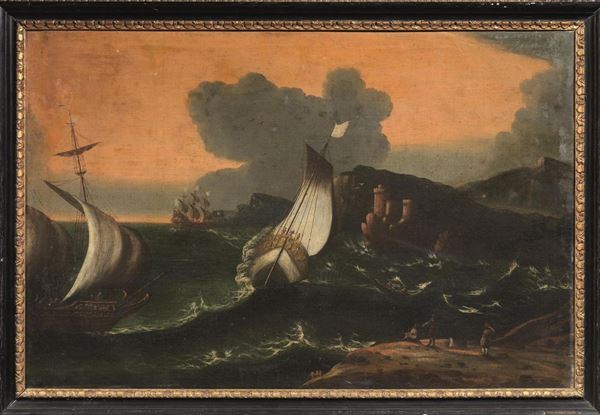 Scuola veneta, sec. XVIII MARE IN TEMPESTA CON VELIERI olio su tela, cm 61x91,5
