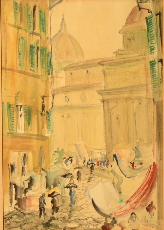 Rodolfo Marma(Firenze 1923 - 1998) SCORCIO DEL MERCATO DI SAN LORENZO  acquerello su carta, cm 49x34  firmato e datato 1954