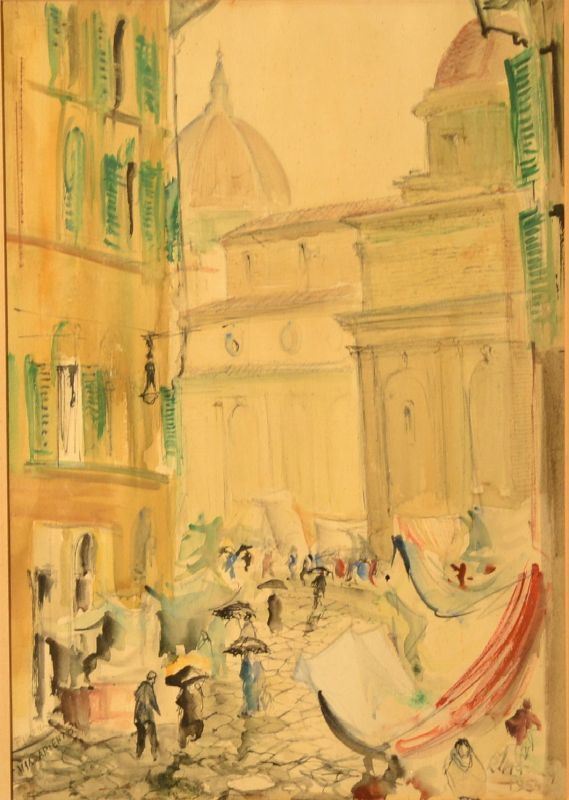 Rodolfo Marma(Firenze 1923 - 1998) SCORCIO DEL MERCATO DI SAN LORENZO  acquerello su carta, cm 49x34  firmato e datato 1954