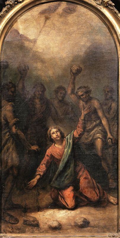 Scuola dellItalia settentrionale, sec. XIX  MARTIRIO DI SANTO STEFANO olio su tela centinata, cm 56,5x29,5