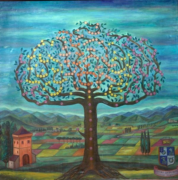 Scuola italiana, sec. XX  ALBERO GENEALOGICO DELLA FAMIGLIA CONTI SEVEROLI olio su tela, cm 217x21   firmato e datato  Sylva iscritto:  Severoli patrizi fiorentini