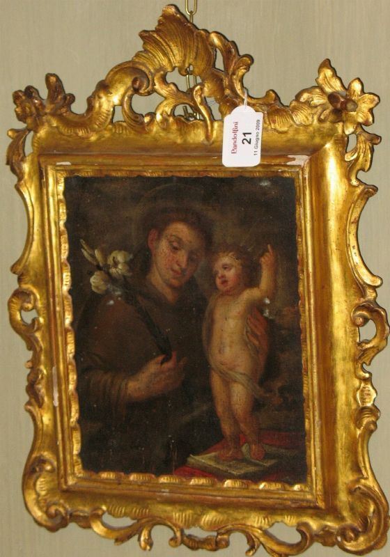 Scuola emiliana, fine sec. XVII-inizi XVIII SANTANTONIO DA PADOVA COL GESU BAMBINO olio su tavoletta, cm 23,5x19