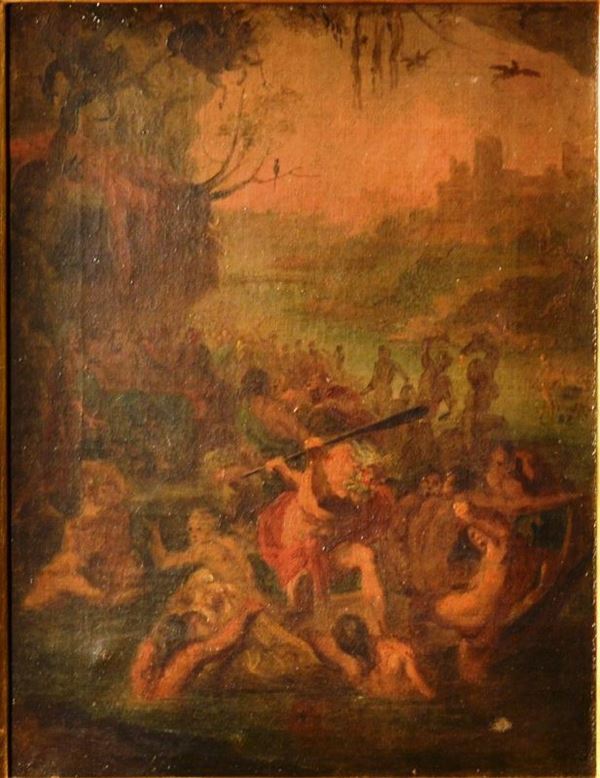 Scuola franco-fiamminga, sec. XIX  NETTUNO E DIVINITA MARINE olio su tela, cm 29,5x22,5