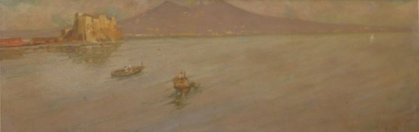 Oscar Ricciardi (Napoli 1864-1935)  MARINA CON VESUVIO  olio su tavoletta, cm 75x24