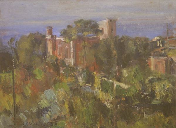 Luigi Crisconio (Napoli 1893-Portici 1946)  VILLA SUL MARE  olio su tavola, cm 39x29