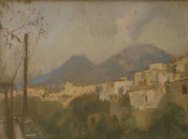 Gennaro Villani (Napoli 1885-1948)  VESUVIO E CASE  tempera su carta, cm 33x25