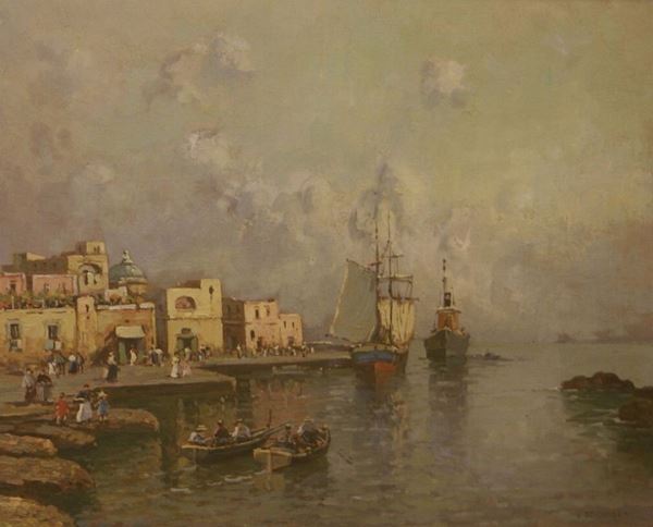 Nicolas De Corsi (Odessa 1882-Napoli 1956)  MARINA CON BARCHE  olio su tavola, cm 45x37